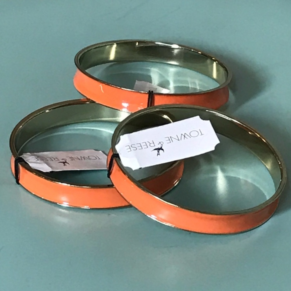 Towne & Reese Orange Coral Bangle Bracelets With Gold Trim Coastal Boho Set of 3